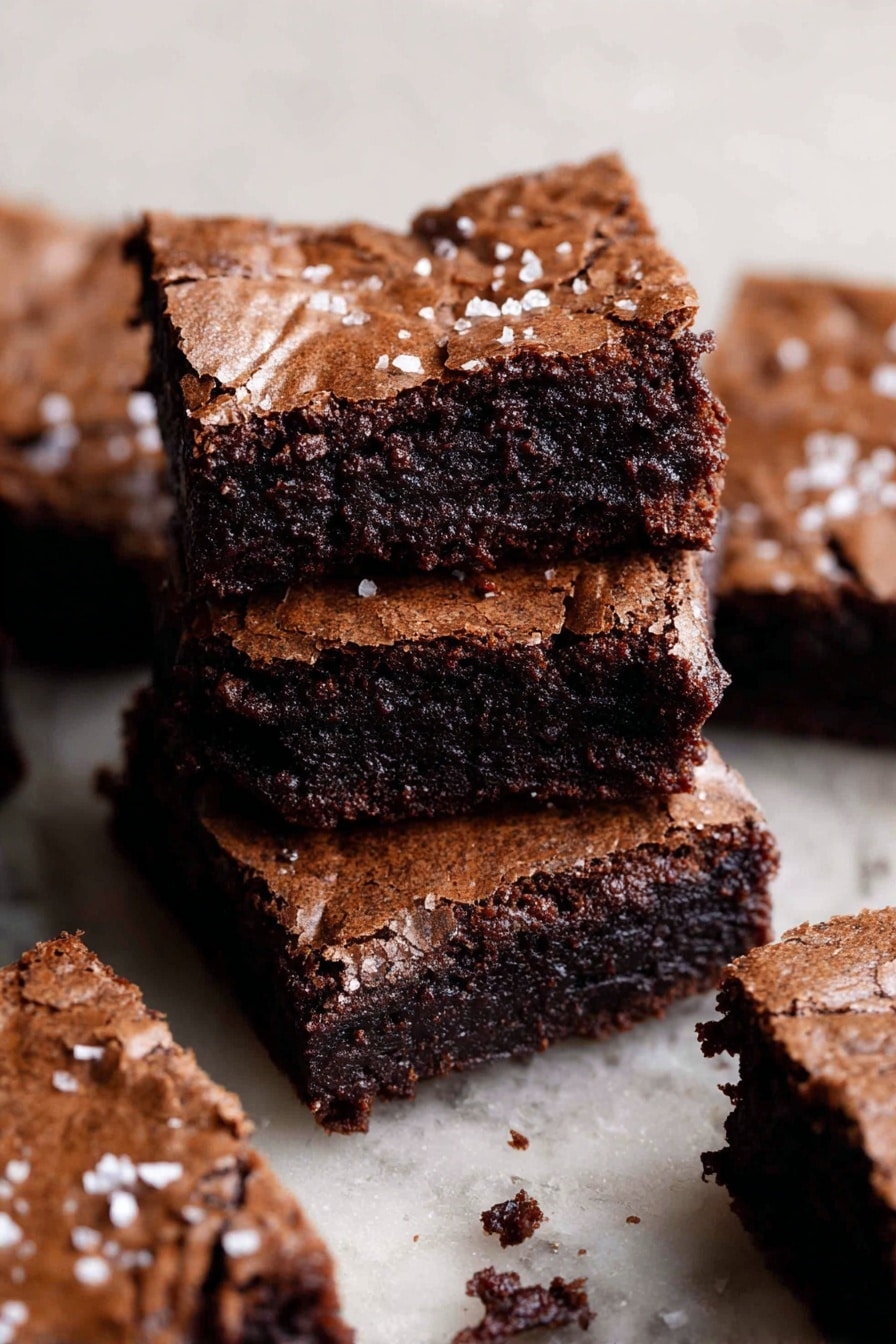 The image shows several square brownies with a slightly cracked, shiny dark brown top sprinkled with coarse salt. One brownie is stacked on top of another, revealing a dense, moist, and rich dark brown inside layer with a slightly fudgy texture. The brownies rest on a white marbled surface with some crumbs scattered around, highlighting their soft and chewy consistency. photo taken with an iphone --ar 2:3 --v 7 - Espresso Brownies, chocolate coffee brownies, fudgy espresso brownies, coffee flavored brownies, rich chocolate brownie recipe