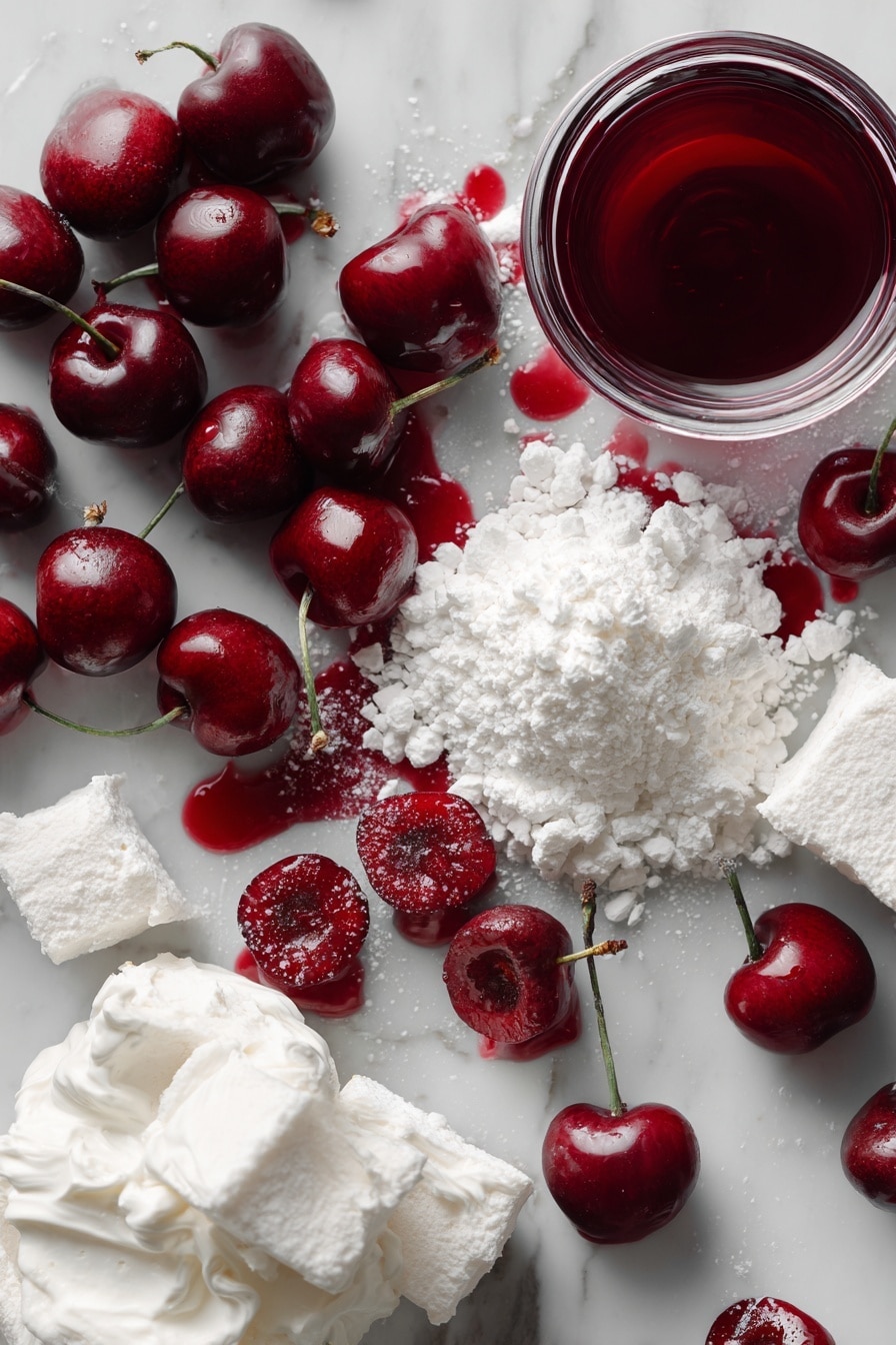 Flat lay of bright red cherry pie filling glistening with syrup, a neat pile of fluffy white angel food cake mix powder, fresh whole cherries with stems, a dollop of smooth whipped topping, scattered cherry halves showing juicy interiors, and a few soft cake slices with airy texture, all beautifully arranged with a slight dusting of powdered sugar, placed on a white marble surface, photo taken with an iphone --ar 2:3 --v 7 - 2-Ingredient Cherry Angel Food Cake, cherry angel food cake, easy cherry dessert, 2-ingredient cake recipe, no-bake cherry cake
