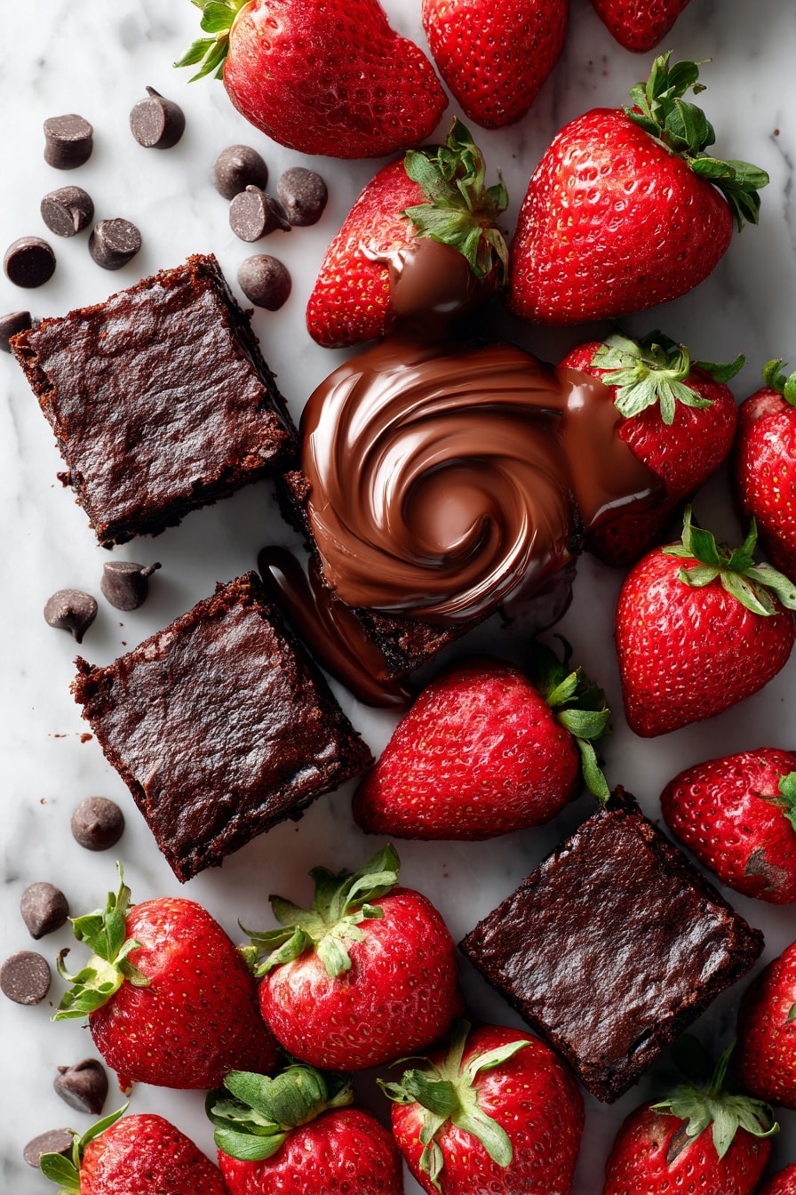 Flat lay of ripe red strawberries, glossy dark semi-sweet chocolate chips, a smooth swirl of rich chocolate ganache, dense fudgy brownie squares with a slightly cracked top, and a splash of creamy heavy cream artfully drizzled, all beautifully arranged with vibrant colors and textures, placed on a white marble surface, photo taken with an iphone --ar 2:3 --v 7 - Chocolate Covered Strawberry Brownies, Strawberry Brownies with Chocolate Ganache, Fudgy Brownie with Fresh Berries, Easy Fruit Topped Brownies, Decadent Chocolate Strawberry Dessert