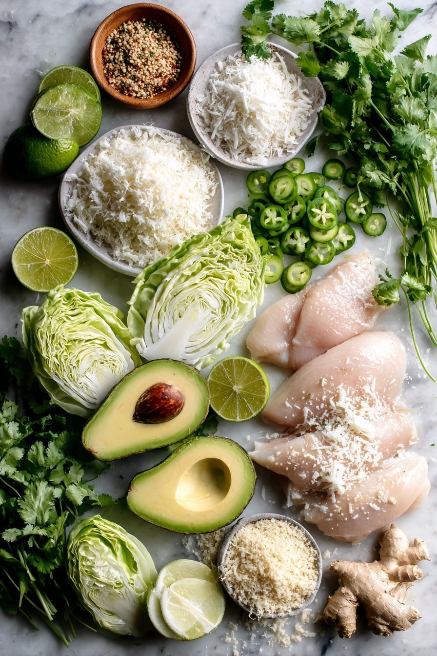 Flat lay of boneless chicken breasts marinated in creamy coconut milk, bright fresh lime wedges, fluffy white and golden shredded coconut, crunchy pale panko breadcrumbs, vibrant green Napa cabbage leaves, thin slices of Persian cucumber, creamy cubed avocado, and thin rings of spicy serrano chile, all beautifully arranged with sprigs of fresh cilantro and a small pile of finely grated ginger, placed on a white marble surface, photo taken with an iphone --ar 2:3 --v 7 - Crunchy Coconut Chicken with Spicy Mayo and Cabbage Salad, coconut chicken, crispy chicken with coconut, spicy mayo dip, tropical chicken salad
