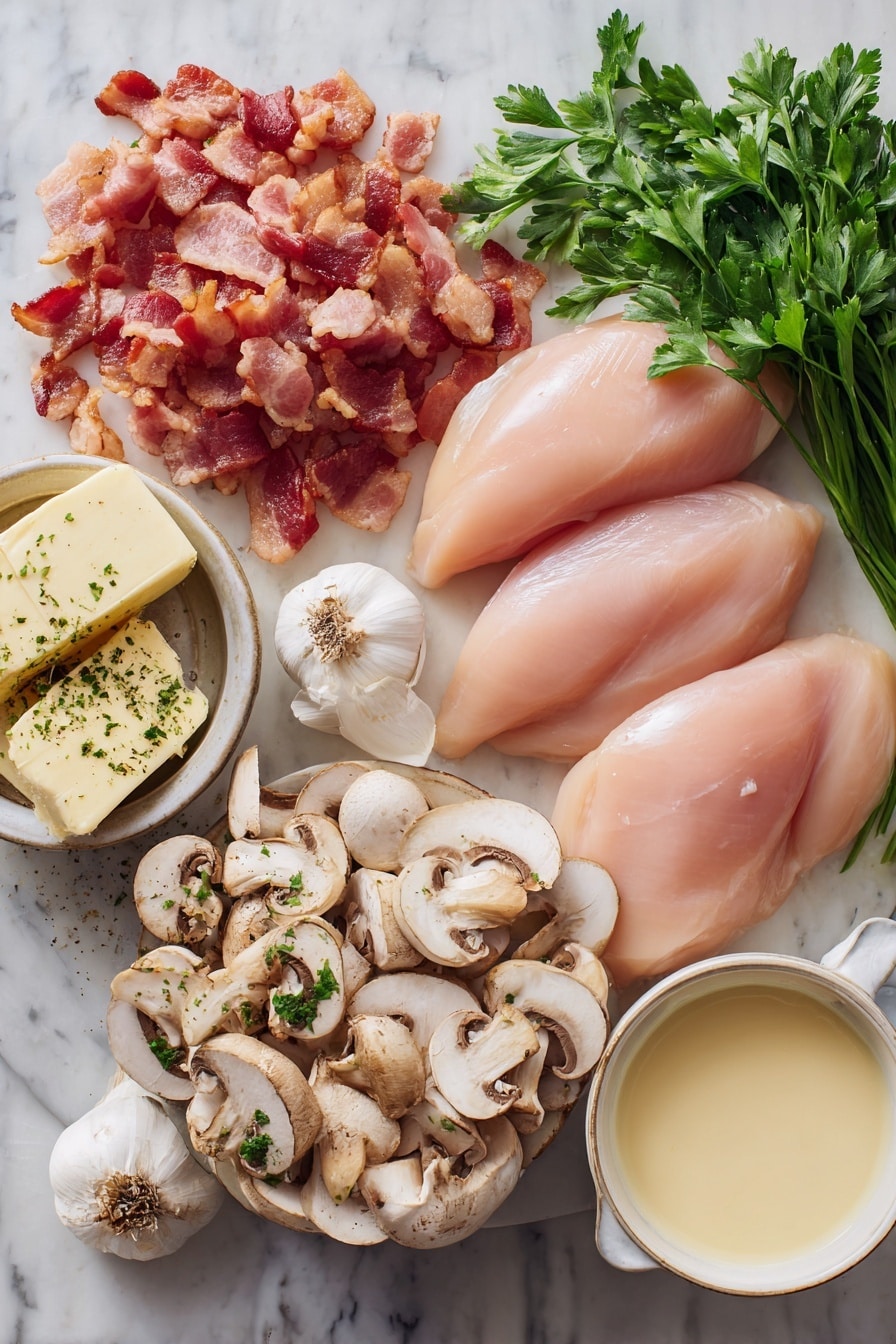Flat lay of four raw boneless, skinless chicken breasts sliced in half, thick-cut diced bacon pieces, sliced fresh white button mushrooms, a whole garlic clove, a small pat of butter, a bunch of fresh chopped parsley scattered around, and a small bowl of heavy cream, all beautifully arranged on a white marble surface, photo taken with an iphone --ar 2:3 --v 7 - Creamy Smothered Chicken, creamy chicken dinner, chicken with mushroom sauce, easy comfort food recipes, crispy bacon chicken