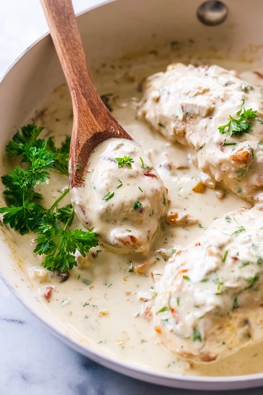 The image shows two pieces of light-colored cooked meat covered in thick, creamy white sauce with visible small bits of herbs and possibly small mushrooms or nuts. The sauce has a smooth, rich texture speckled with green herbs and small orange pieces. A wooden spoon coated in sauce rests on the left side of the white pan, partially underneath one piece of meat. Fresh green parsley leaves sit on top, adding a pop of color. The pan is on a white marbled surface, creating a clean, bright background. Photo taken with an iphone --ar 2:3 --v 7 - Creamy Smothered Chicken, creamy chicken dinner, chicken with mushroom sauce, easy comfort food recipes, crispy bacon chicken