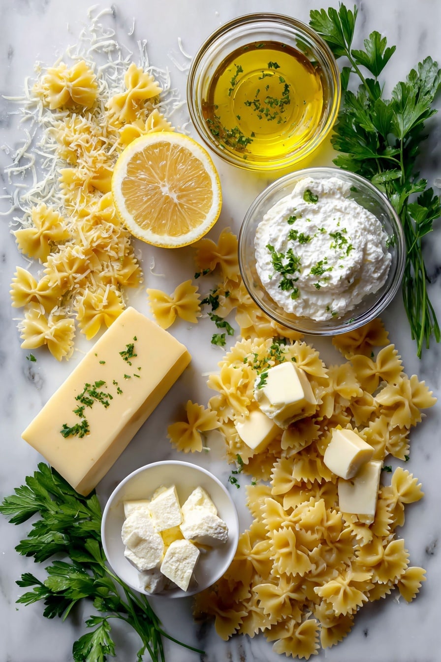 Flat lay of farfalle pasta uncooked in small piles, bright yellow lemon with zest and a wedge cut out, creamy whole milk ricotta cheese dollops, chunks of golden browned butter melting, glossy green extra-virgin olive oil drizzle, finely shredded Parmigiano Reggiano cheese scattered lightly, fresh chopped Italian parsley sprigs, all arranged beautifully on a white marble surface, photo taken with an iphone --ar 2:3 --v 7 - Creamy Lemon Ricotta Pasta, quick lemon ricotta pasta, easy 10-minute pasta recipe, homemade lemon ricotta pasta, fast creamy pasta dish