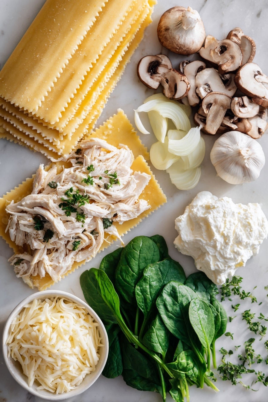 Flat lay of whole lasagna noodles neatly stacked beside shredded rotisserie chicken, fresh baby spinach leaves fanned out next to sliced crimini mushrooms, a small pile of chopped yellow onion beside two cloves of peeled garlic, scoops of creamy ricotta and shredded mozzarella cheeses arranged in soft mounds, and a sprinkle of chopped fresh parsley scattered lightly, all placed on a white marble surface, photo taken with an iphone --ar 2:3 --v 7 - Creamy White Chicken Lasagna, white chicken lasagna recipe, easy creamy chicken lasagna, homemade white chicken lasagna, comforting chicken lasagna