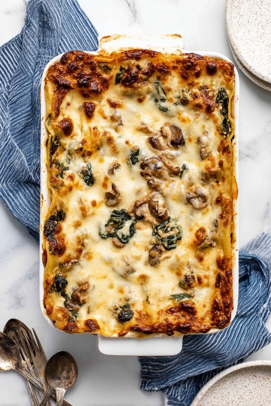 A white rectangular baking dish holds a layered lasagna with golden-brown melted cheese and visible pieces of dark green spinach and mushrooms on top. In front, a white plate with ridged edges shows a square slice of the lasagna with distinct layers of pasta, creamy white sauce, spinach, and mushrooms, topped with melted cheese. Another white plate with brown dotted edges holds a similar square slice, slightly blurred. Three silver forks lie to the right on a white marbled surface, along with a soft beige cloth near the back plate. Photo taken with an iphone --ar 2:3 --v 7 - Creamy White Chicken Lasagna, white chicken lasagna recipe, easy creamy chicken lasagna, homemade white chicken lasagna, comforting chicken lasagna