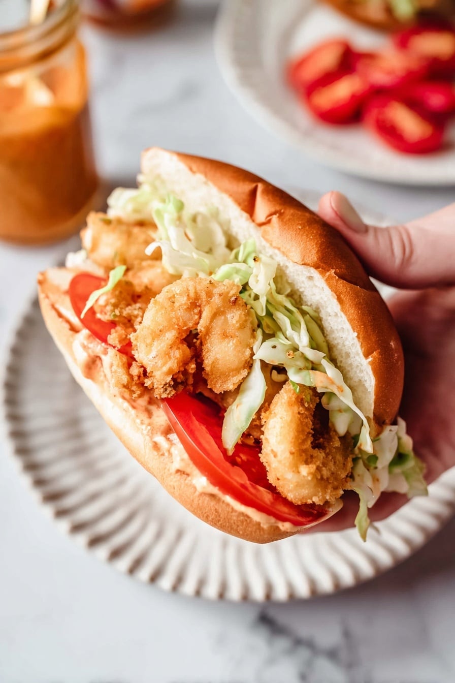 A close-up view of a sandwich held by a woman's hand, showing three layers inside a soft, golden-brown bun. The bottom layer has bright red tomato slices, followed by crispy, golden-brown fried shrimp in the middle. The top layer contains light green shredded lettuce. The sandwich is held over a white plate with a textured pattern, placed on a white marbled surface. In the background, there is a jar with orange sauce and a white plate with red tomato slices slightly blurred. Photo taken with an iphone --ar 2:3 --v 7 - Fried Shrimp Po Boy Sandwich with Remoulade Sauce, Cajun shrimp sandwich, Louisiana shrimp po boy, crispy shrimp sandwich, homemade remoulade sauce