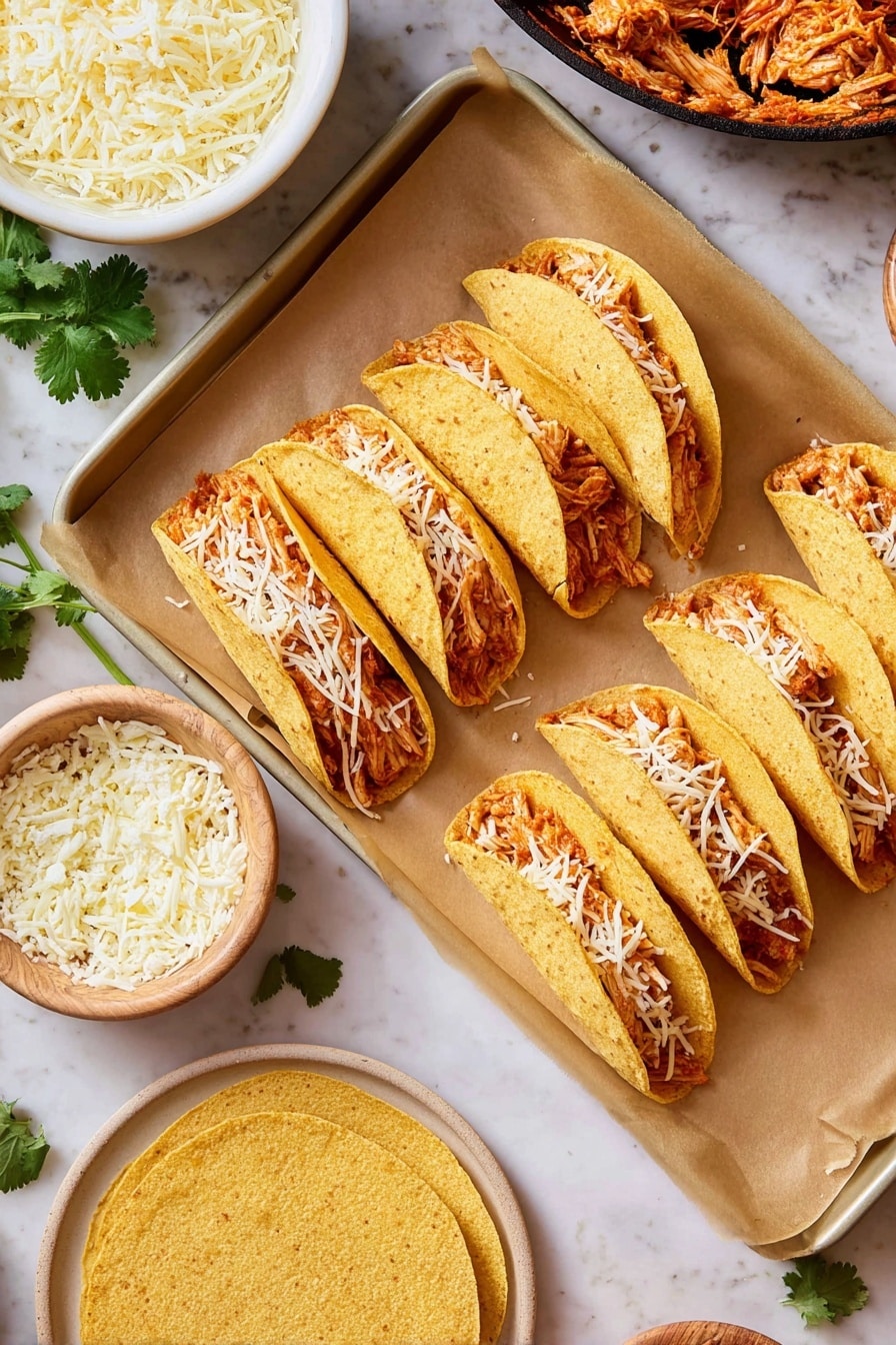 On a white oval plate placed on a white marbled surface, there are eight small tacos arranged in a ring around a bowl of green creamy sauce in the center. Each taco has two layers of light golden corn tortillas with a slightly charred texture, filled with shredded orange chicken. Some tacos are topped with green sauce, pink pickled onions, white crumbly cheese, and fresh cilantro leaves. Lime wedges and more cilantro leaves are placed around the plate for garnish. The colors are warm and fresh, with the orange chicken, green sauce, and garnishes standing out. Photo taken with an iphone --ar 2:3 --v 7 - Baked Chicken Tinga Tacos, Chicken Tinga Tacos with Avocado Cilantro Crema, Smoky Chicken Tinga Tacos, Easy Mexican Chicken Tacos, Crispy Baked Tacos with Crema