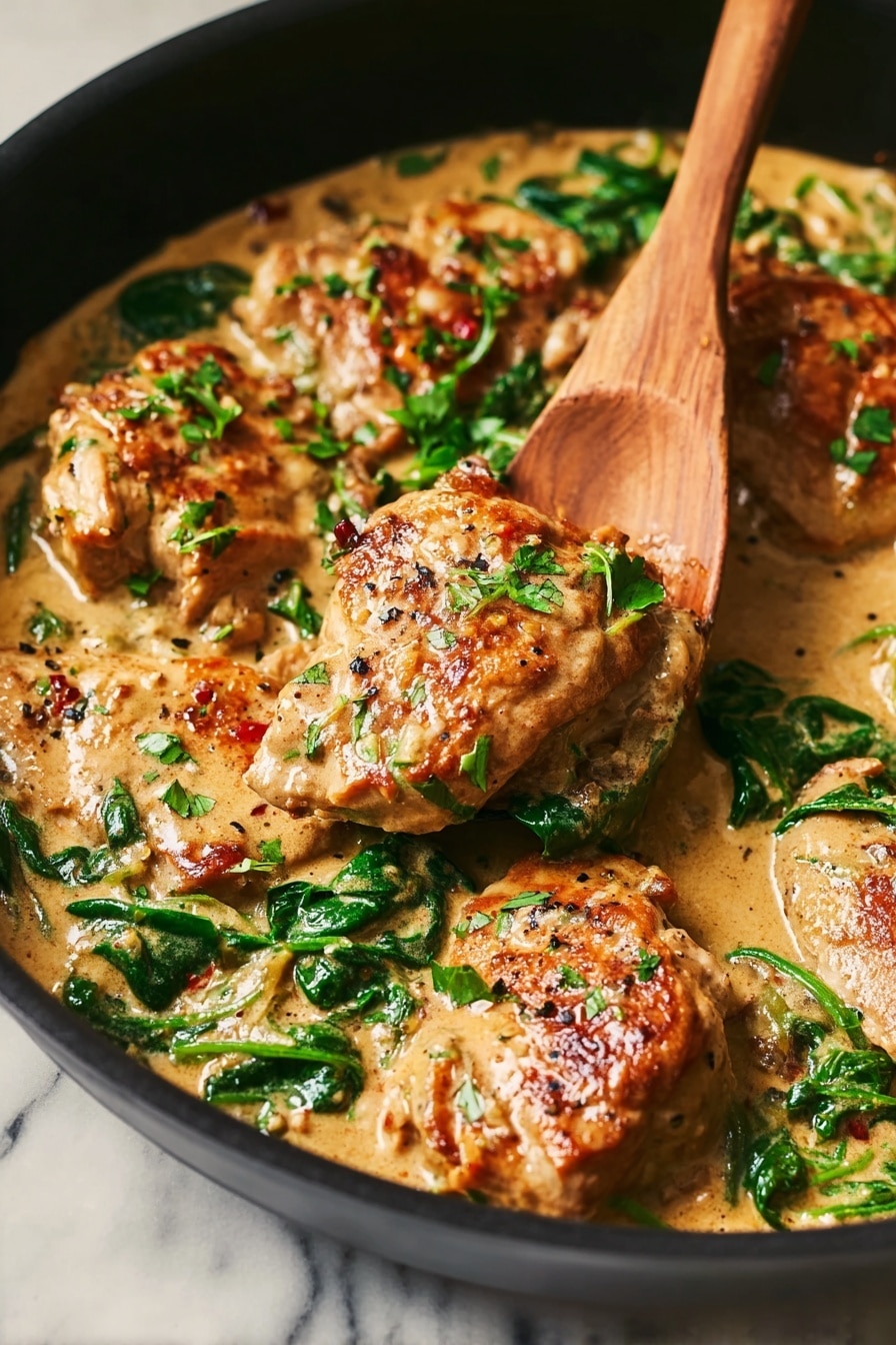 A black cast iron skillet filled with nine browned pieces of meat in a creamy light brown sauce, mixed with bright green spinach leaves and small bits of sun-dried tomatoes. The sauce looks smooth and thick, covering most of the meat and vegetables. A wooden spoon rests in the skillet, lifting one piece of meat with some spinach around it. The skillet sits on a white marbled surface, with some green fresh herbs placed nearby and a few small red chili flakes scattered on the surface. photo taken with an iphone --ar 2:3 --v 7 - Creamy Tuscan Chicken, Creamy Tuscan Chicken recipe, Tuscan chicken with sun-dried tomatoes, best creamy chicken pasta, easy creamy chicken dinner