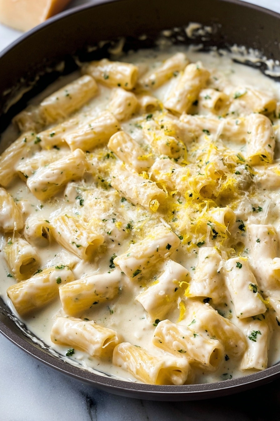 The image shows a black skillet filled with pasta coated in a creamy white sauce, with visible specks of herbs and pepper scattered on top. The pasta is arranged in one thick layer, evenly covered in sauce with some pieces slightly submerged. The skillet rests on a white marbled surface with a beige cloth nearby and a half lemon placed close to the pan. Photo taken with an iphone --ar 2:3 --v 7 - Lemon Garlic Pasta Sauce, lemon garlic pasta, quick pasta sauce, creamy lemon garlic sauce, easy pasta recipes