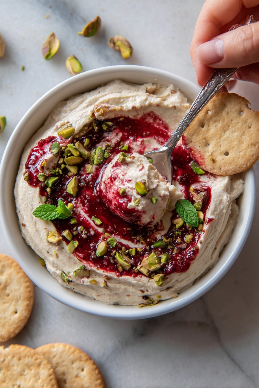 Easy Whipped Feta Dip with Cranberries Recipe 5 The image shows a white bowl filled with a creamy, smooth, light beige layer topped with a bright red, chunky berry sauce swirled through it, creating a mix of red and white in the center. Scattered on top are green chopped pistachio nuts and fresh green mint leaves adding texture and color contrast. A round light tan cracker partly dipped in the creamy mixture is resting inside the bowl on the right side. The bowl is placed on a white marbled surface with some pistachio pieces and another cracker nearby. Photo taken with an iphone --ar 2:3 --v 7 - Easy Whipped Feta Dip with Cranberries, whipped feta appetizer, cranberry feta dip, holiday cheese dip, quick festive appetizer