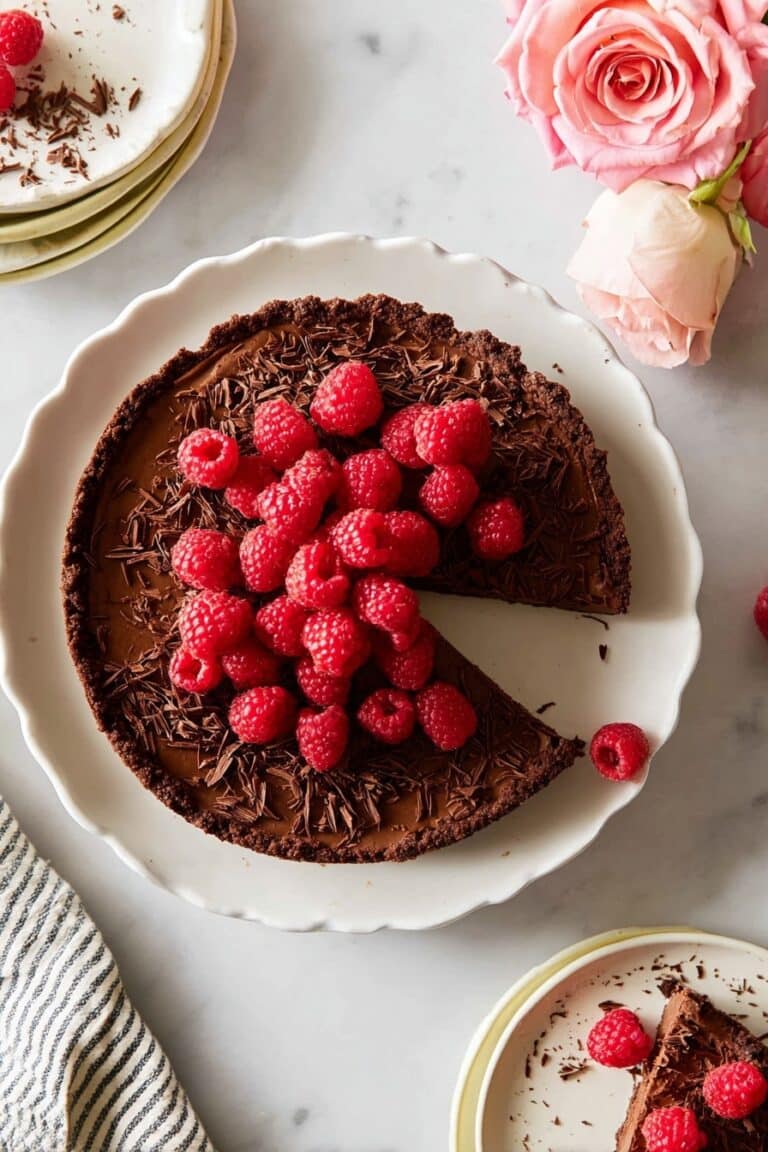 Flourless Chocolate Cake with Raspberries and Chocolate Shavings Recipe