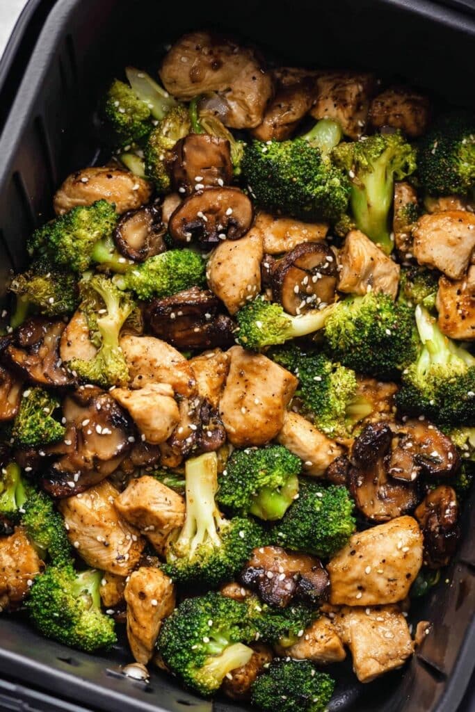 Air Fryer Chicken and Broccoli with Mushrooms in Honey Soy Sriracha Glaze Recipe