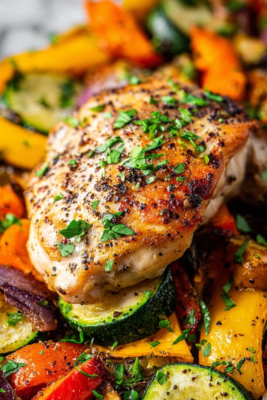 A close-up of a single cooked chicken piece placed on a bed of mixed roasted vegetables including orange and yellow bell peppers and green zucchini slices. The chicken has a golden brown color with visible black pepper and seasoning sprinkled all over, topped with small chopped fresh green herbs. The vegetables underneath show slightly charred edges with vibrant orange, yellow, and green colors, also garnished with green herbs. The whole dish is set on a white marbled surface. photo taken with an iphone --ar 2:3 --v 7 - Bowtie Pasta Salad with Creamy Lemon Dill Drizzle, Bowtie Pasta Salad, Lemon Dill Pasta Salad, Easy Pasta Salad Recipes, Picnic Pasta Salad