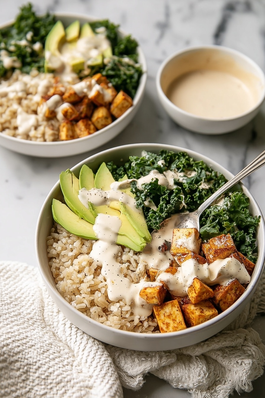 Two white bowls sit on a white marbled surface. Each bowl has layers starting with a base of light brown rice. One side of the bowl is filled with green kale leaves, next to that are slices of light green avocado arranged in a fan shape. There are small cubes of golden-brown seasoned tofu beside the kale, all drizzled with creamy white sauce. A spoon rests inside the front bowl, partly covered with the rice and sauce. In the foreground, a small white bowl holds the same creamy sauce with a spoon inside it. A white textured cloth is nearby. Photo taken with an iphone --ar 2:3 --v 7 - Roasted Sweet Potato, Chicken, Kale, and Rice Bowls for Two, healthy meal bowls for two, easy nutritious dinner, simple roasted chicken bowl, colorful veggie rice bowl