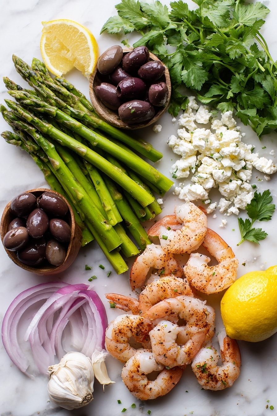Flat lay of large peeled shrimp with a light dusting of smoked paprika and oregano, bright green fresh asparagus spears, whole pitted black olives, a handful of crumbled white feta cheese, thinly sliced red onion rings, several cloves of minced garlic scattered around, a bunch of fresh cilantro leaves, and a halved lemon with juice droplets, all beautifully arranged with natural light and vibrant colors placed on a white marble surface, photo taken with an iphone --ar 2:3 --v 7 - Sheet Pan Mediterranean Shrimp, Mediterranean Shrimp Dish, Easy Shrimp Dinner, Healthy Seafood Recipes, One-Pan Shrimp Meal