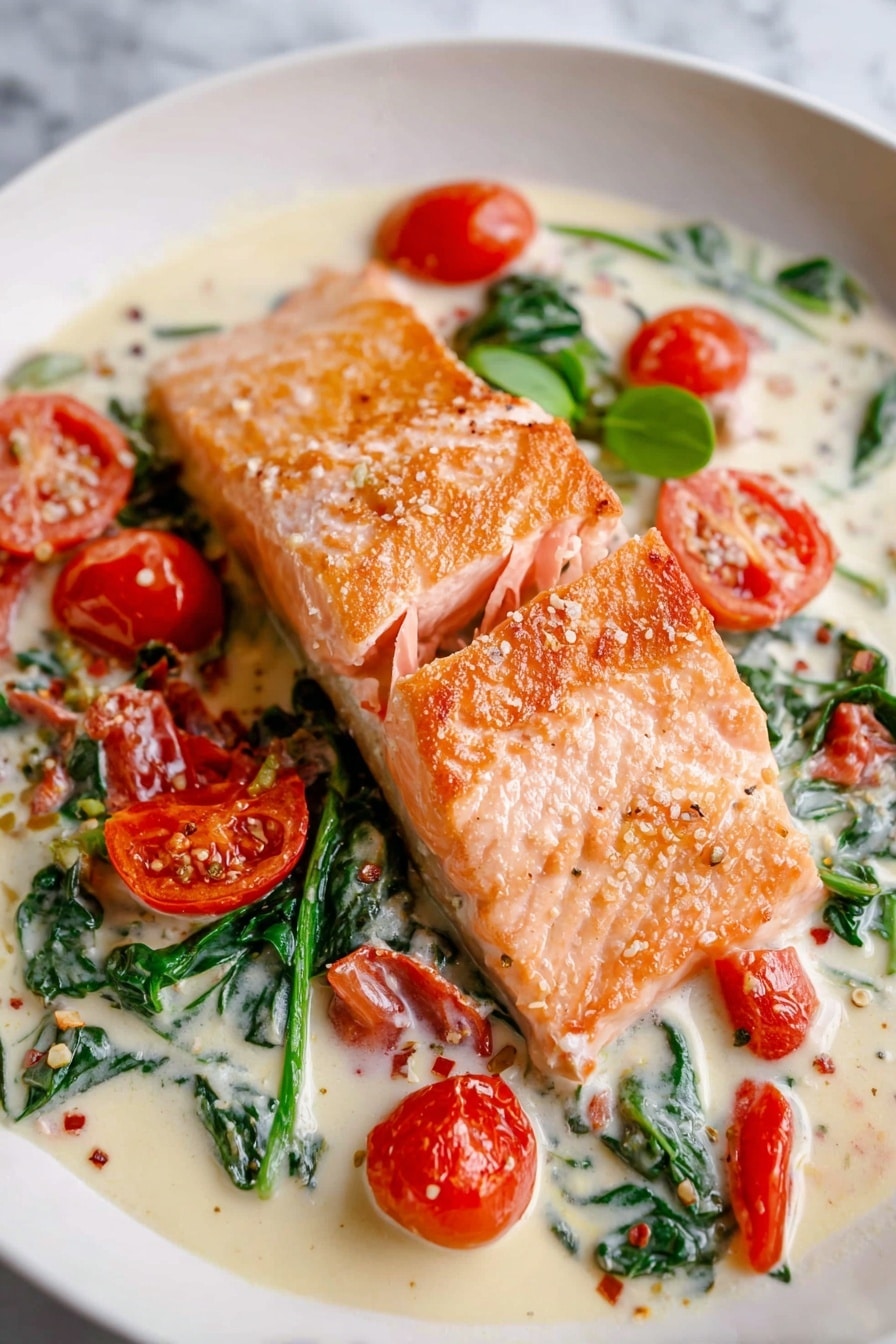 A white plate holds a piece of cooked salmon with a crispy light orange surface, sliced to show soft pink inside. Around the salmon, there is a creamy white sauce with green spinach leaves mixed in, which adds texture and color. Bright red cherry tomatoes are scattered in the sauce, some cut in half, showing juicy interiors. The sauce has small bits of garlic and pepper sprinkled on top, adding detail and contrast. The plate is set on a white marbled surface. Photo taken with an iphone --ar 2:3 --v 7 - Creamy Tuscan Salmon, Tuscan Salmon with Cream Sauce, Easy Creamy Salmon Dinner, Healthy Salmon Recipes, Quick Salmon Pasta