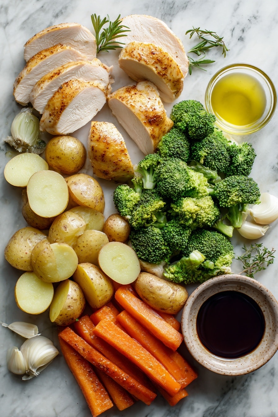 Flat lay of boneless chicken breasts sliced in half, baby potatoes quartered with their golden skin showing, bright green broccoli florets, vibrant orange carrot rounds, two peeled garlic cloves, a small clear dish of golden honey, and a small bowl of dark tamari sauce beautifully arranged with a light drizzle of avocado oil glistening on some vegetables, placed on a white marble surface, photo taken with an iphone --ar 2:3 --v 7 - Honey Garlic Chicken and Vegetables, sheet pan chicken recipe, easy healthy dinner, one-pan chicken and veggies, quick weeknight meal