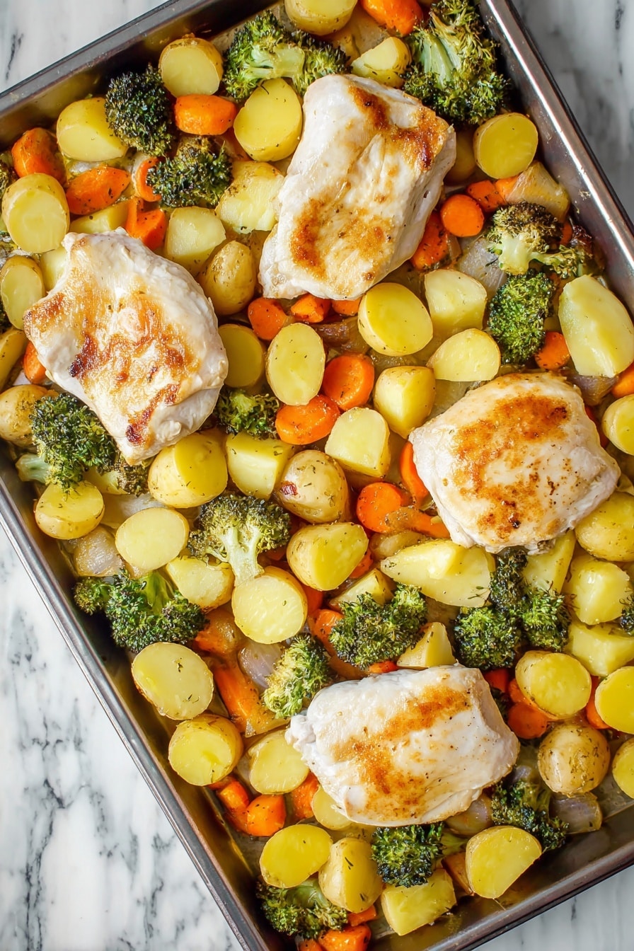 A tray filled with a mix of cooked vegetables and four pieces of light golden chicken. The tray shows three layers: the first layer is made of small yellow potato chunks scattered all over, soft orange carrot slices evenly spread around, and some green broccoli florets adding color and texture. On top of the vegetables are four thick pieces of white meat chicken, browned a little on the edges. The background surface under the tray is a white marbled texture. Photo taken with an iphone --ar 2:3 --v 7 - Honey Garlic Chicken and Vegetables, sheet pan chicken recipe, easy healthy dinner, one-pan chicken and veggies, quick weeknight meal