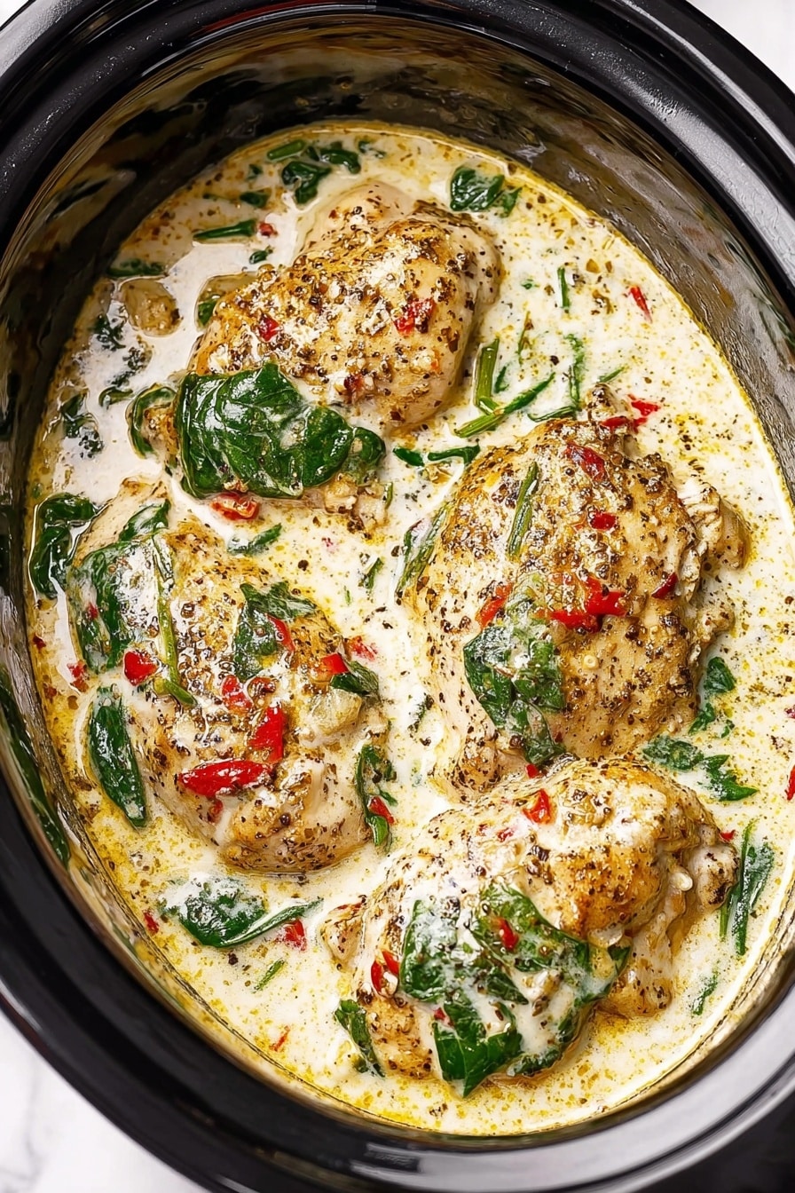 Four pieces of cooked chicken covered in a creamy white sauce with a slight yellow tint, inside a black slow cooker. The sauce has bits of red pepper and chopped green spinach leaves scattered throughout. The chicken pieces have a peppered crust and are partly submerged in the sauce. The inside edge of the slow cooker can be seen around the dish. The background is a white marbled texture photo taken with an iphone --ar 2:3 --v 7 - Crock Pot Tuscan Chicken, Tuscan Chicken slow cooker, creamy Italian chicken, easy Crock Pot chicken recipe, Italian chicken dinner