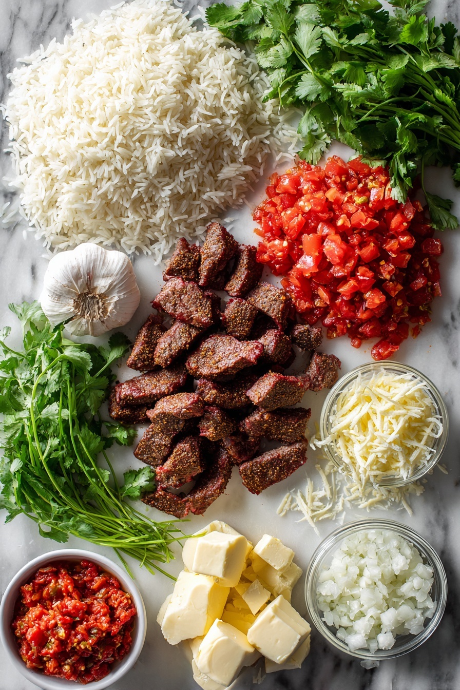 Steak & Queso Rice Recipe 6 Flat lay of juicy sirloin steak strips seasoned with Montreal steak seasoning, plump basmati rice grains, vibrant crushed tomatoes, fresh bright green cilantro sprigs, creamy white queso cheese, minced garlic cloves, finely chopped onion pieces, and warm golden butter cubes, all beautifully arranged on a white marble surface, photo taken with an iphone --ar 2:3 --v 7 - Steak & Queso Rice, steak and queso dinner, easy steak and rice recipe, flavorful beef rice bowl, quick cheesy beef dish