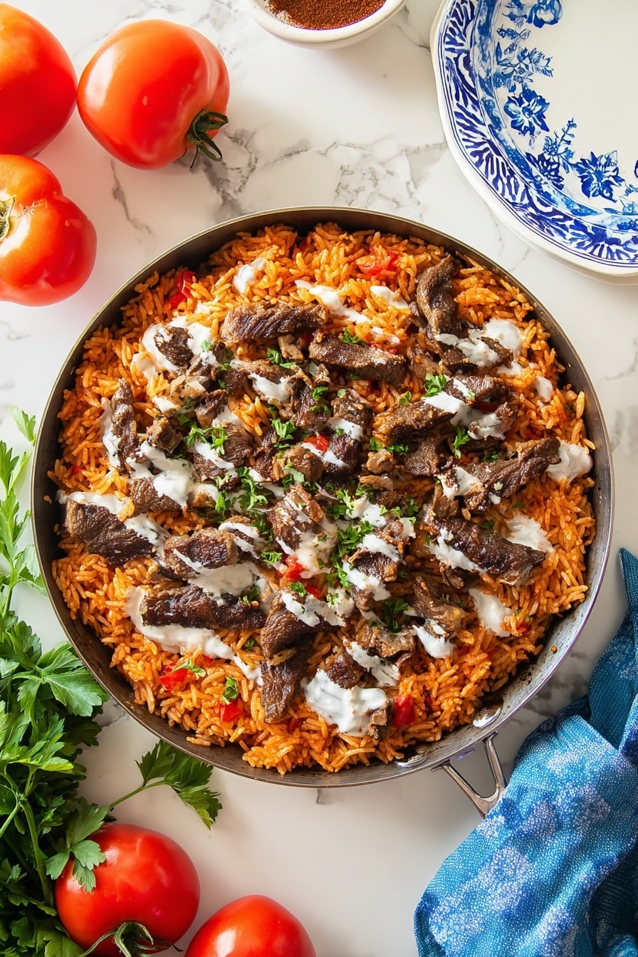 A round pan holds a dish with two main layers: the bottom layer is orange-red rice mixed with small bits of red pieces, showing a soft and slightly sticky texture, while the top layer consists of dark brown strips and chunks of cooked meat scattered across the rice. A light creamy sauce is drizzled unevenly over the meat and rice, adding white contrast to the dish. The pan is placed on a white marbled surface, surrounded by bright red tomatoes, fresh green parsley, a white plate with blue floral patterns, and a blue cloth napkin. photo taken with an iphone --ar 2:3 --v 7 - Steak & Queso Rice, steak and queso dinner, easy steak and rice recipe, flavorful beef rice bowl, quick cheesy beef dish