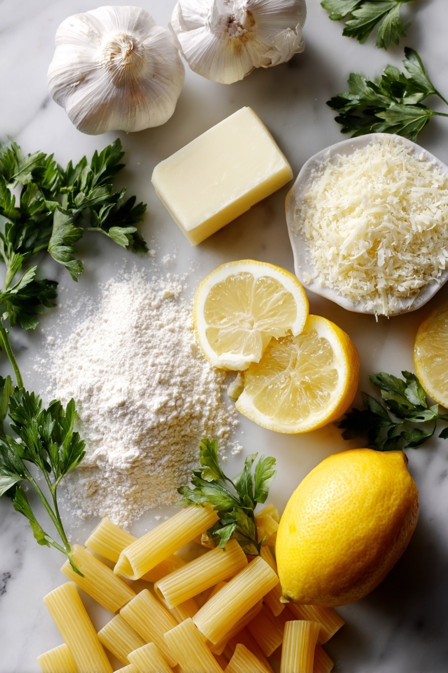 Flat lay of fresh garlic cloves, a small pat of butter, vibrant lemon with zest and juice, a handful of grated Parmesan cheese, finely chopped bright green parsley, and a small pile of all-purpose flour, all beautifully arranged with delicate lemon slices and sprigs of parsley, placed on a white marble surface, photo taken with an iphone --ar 2:3 --v 7 - Lemon Garlic Pasta Sauce, lemon garlic pasta, quick pasta sauce, creamy lemon garlic sauce, easy pasta recipes