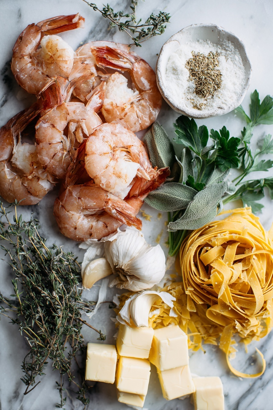 Creamy Linguine Shrimp Alfredo Recipe 6 Flat lay of large raw shrimp with a pinkish hue, peeled and deveined, fresh garlic cloves with papery skins, bright green parsley leaves, golden unsalted butter cubes, a small mound of grated parmesan cheese, uncooked pale yellow linguine pasta strands, and sprigs of dried thyme and oregano, all beautifully arranged on a white marble surface, photo taken with an iphone --ar 2:3 --v 7 - Creamy Linguine Shrimp Alfredo, shrimp pasta recipe, easy seafood pasta, quick Alfredo pasta, creamy shrimp linguine