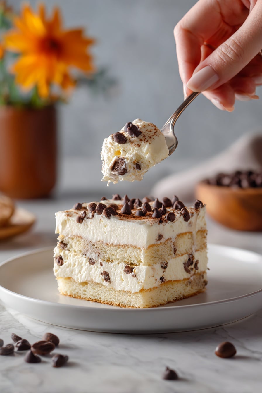 Tiramisu Cannoli Recipe 7 A square piece of dessert with three visible layers sits on a white plate, placed on a white marbled surface. The bottom layer is a light brown sponge soaked in cream, followed by a thick, creamy middle layer that is off-white with small bits of chocolate mixed inside. The top layer is another light sponge, covered with a smooth cream layer sprinkled with dark brown chocolate chips scattered unevenly on top. In the background, there is a wooden container with more chocolate chips spilling out and a light orange flower blurred out. photo taken with an iphone --ar 2:3 --v 7 - Tiramisu Cannoli, Italian dessert recipes, no-bake desserts, creamy mascarpone recipes, coffee layered desserts