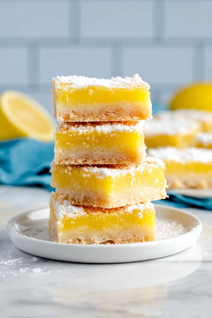 A glass baking dish on a white marbled surface holds a lemon bar dessert cut into nine equal square pieces with one piece slightly pulled out, revealing three layers: a light golden-brown crust, a bright yellow lemon filling, and a thick dusting of white powdered sugar on top. The dessert rests on a textured blue cloth beneath the dish, and some crumbs are scattered inside the glass dish around the lemon bars. Photo taken with an iphone --ar 2:3 --v 7 - Viral Lemon Bars, Buttery & Tangy Lemon Bars, Easy Lemon Bar Recipe, Lemon Dessert, Bright Citrus Bars