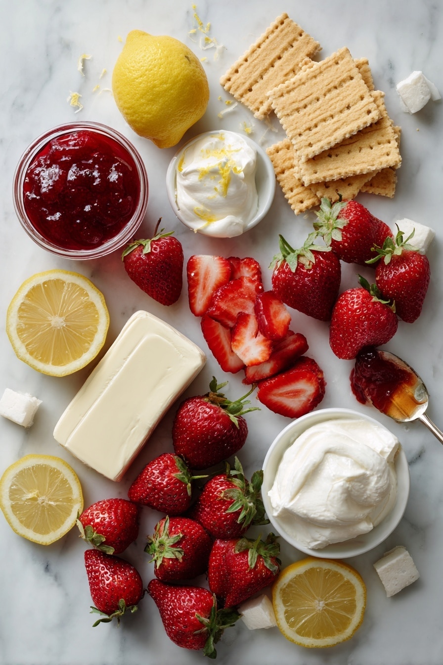Flat lay of fresh whole strawberries with some sliced to show their juicy inside, blocks of smooth cream cheese, a small bowl of bright strawberry preserves, a halved lemon with visible zest, dollops of fluffy whipped cream, scattered vanilla cookie wafers, and a few lemon slices arranged artistically, placed on a white marble surface, photo taken with an iphone --ar 2:3 --v 7 - No-Bake Strawberry Cheesecake Bars, strawberry cheesecake bars, easy cheesecake bars, no-bake dessert, fresh strawberry dessert