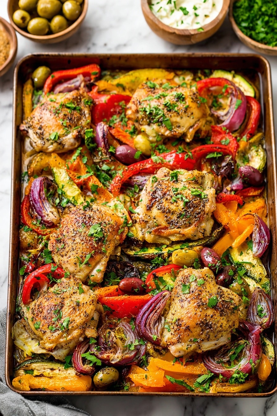 A large rectangular baking tray filled with four light golden brown roasted chicken thighs, each seasoned with black pepper and topped with chopped green herbs. The base layer is made of roasted vegetables including orange and red bell peppers, red onion slices, yellow zucchini, and green olives, all with a slightly charred, caramelized look. The dish is garnished with fresh chopped green parsley scattered evenly on top. The tray is placed on a white marbled surface, and there are small wooden bowls with olives and a white creamy dip blurred in the background. Photo taken with an iphone --ar 2:3 --v 7 - Bowtie Pasta Salad with Creamy Lemon Dill Drizzle, Bowtie Pasta Salad, Lemon Dill Pasta Salad, Easy Pasta Salad Recipes, Picnic Pasta Salad