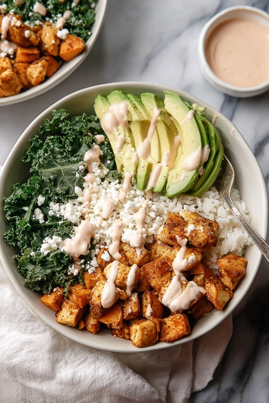 A white bowl filled with four main layers: on the left, bright green kale leaves with a drizzle of light pink sauce; next to it, a fan of neatly sliced pale green avocado; on the right side, fluffy white rice topped with the same light pink sauce; the front section has golden-brown cooked cubes of sweet potato mixed with browned pieces of seasoned chicken, also drizzled with the light pink sauce and sprinkled with white crumbled cheese. A silver spoon rests on the rice side, and the bowl sits on a white marbled surface with a soft white cloth nearby. Photo taken with an iphone --ar 2:3 --v 7 - Roasted Sweet Potato, Chicken, Kale, and Rice Bowls for Two, healthy meal bowls for two, easy nutritious dinner, simple roasted chicken bowl, colorful veggie rice bowl