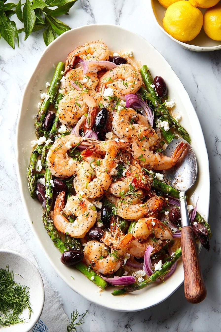 The dish shows a white oval plate filled with cooked shrimp that have a light pink and orange skin with some black pepper seasoning. Underneath and mixed in are green asparagus spears and purple-red onion slices, both slightly charred. Scattered around are whole dark brown olives and small white crumbles of cheese. Fresh green herbs are sprinkled all over the dish, adding a fresh touch. A silver spoon with a wooden handle rests inside the plate on the right side. The plate sits on a white marbled surface with some green leaves in the background and a white bowl of yellow lemons to the top right. Photo taken with an iphone --ar 2:3 --v 7 - Sheet Pan Mediterranean Shrimp, Mediterranean Shrimp Dish, Easy Shrimp Dinner, Healthy Seafood Recipes, One-Pan Shrimp Meal