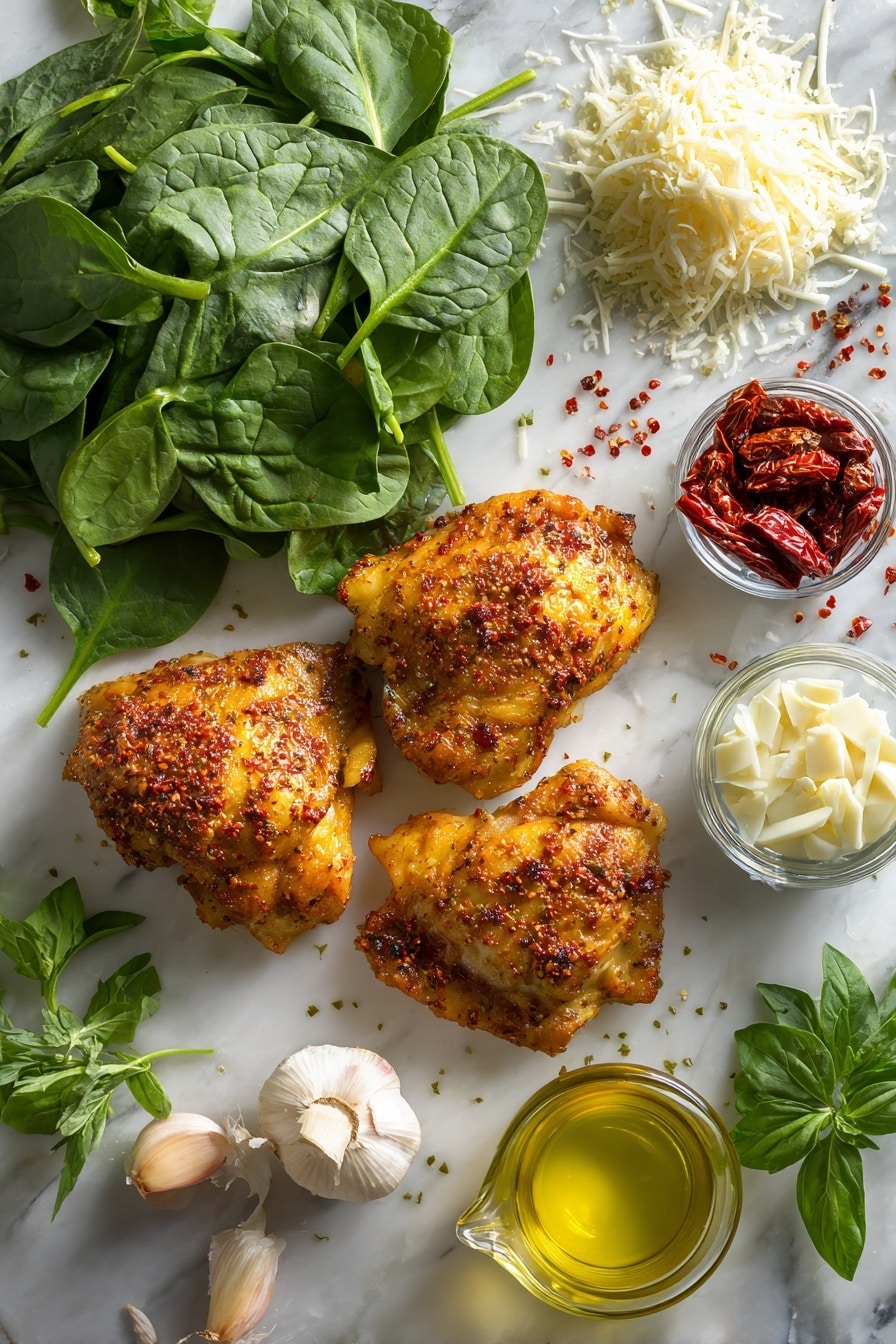 Flat lay of golden boneless skinless chicken thighs seasoned with smoked paprika and granulated garlic, vibrant sun-dried tomatoes glistening in olive oil, fresh bright green spinach leaves, minced garlic cloves, creamy heavy whipping cream in a small glass pourer, a small pile of shredded Parmesan cheese, and sprigs of fresh basil and parsley, all beautifully arranged with a few red pepper flakes scattered around, placed on a white marble surface, photo taken with an iphone --ar 2:3 --v 7 - Creamy Tuscan Chicken, Creamy Tuscan Chicken recipe, Tuscan chicken with sun-dried tomatoes, best creamy chicken pasta, easy creamy chicken dinner
