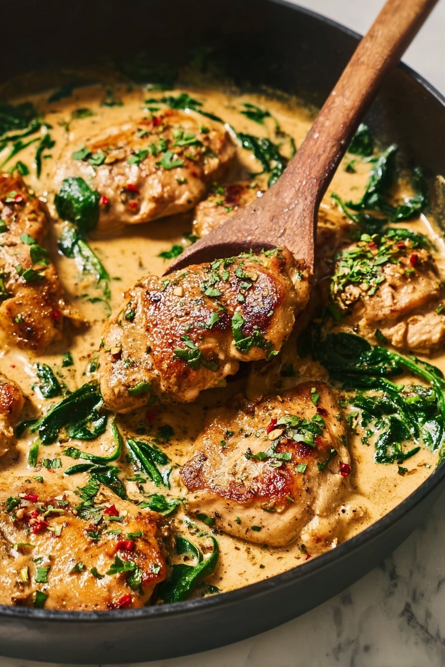 A black pan holds six pieces of cooked chicken in a creamy light brown sauce scattered with bright green spinach leaves and chopped herbs. The chicken pieces have a golden-brown sear and are partially covered with the smooth sauce that has small specks of spices. A wooden spoon lifts one piece of chicken, showing its tender, juicy texture. The background is a white marbled surface. photo taken with an iphone --ar 2:3 --v 7 - Creamy Tuscan Chicken, Creamy Tuscan Chicken recipe, Tuscan chicken with sun-dried tomatoes, best creamy chicken pasta, easy creamy chicken dinner