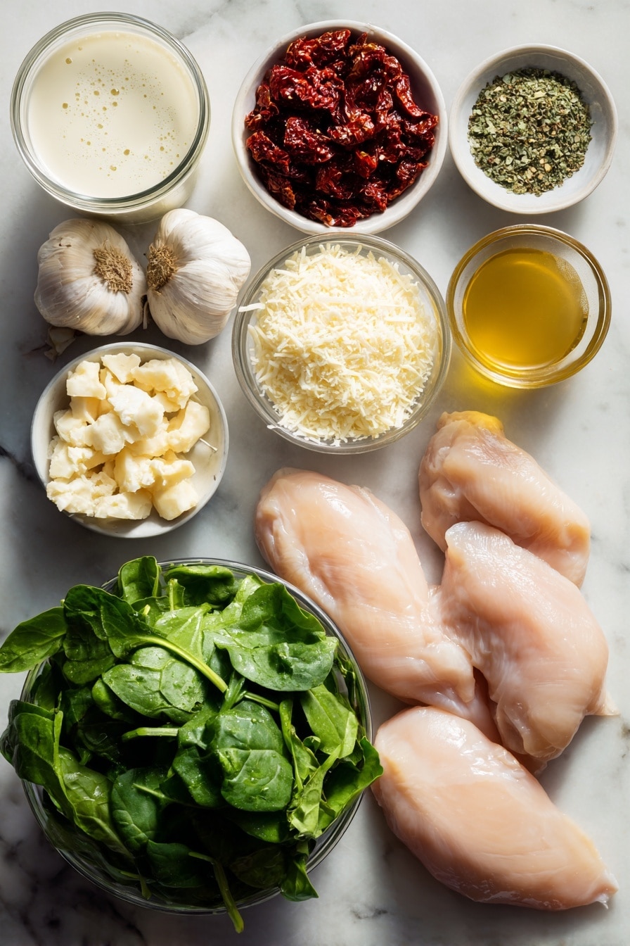 Flat lay of boneless skinless chicken breasts, minced garlic cloves, chopped sun-dried tomatoes, fresh chopped spinach, a small pile of grated Parmesan cheese, a small bowl of creamy heavy cream, a bunch of Italian seasoning herbs, and a cup of light chicken broth, all beautifully arranged with vibrant colors and fresh textures, placed on a white marble surface, photo taken with an iphone --ar 2:3 --v 7 - Crock Pot Tuscan Chicken, Tuscan Chicken slow cooker, creamy Italian chicken, easy Crock Pot chicken recipe, Italian chicken dinner