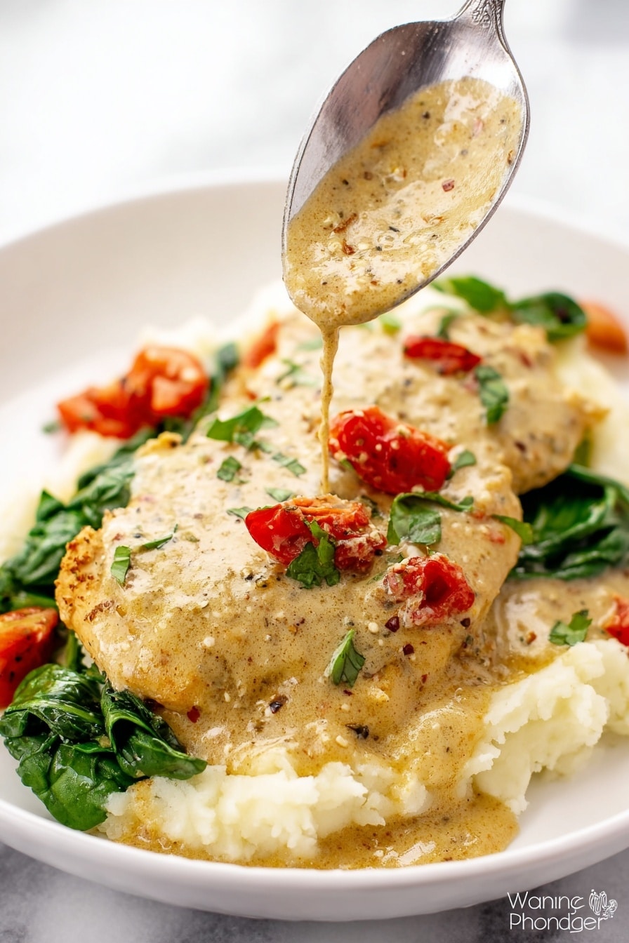 A white plate holds a serving of mashed potatoes forming the base layer with a soft, fluffy texture and pale cream color. On top, a golden-brown cooked chicken piece is covered with a creamy light beige sauce dotted with small herbs and spices, giving it a slightly grainy texture. Bright green spinach leaves and small, vibrant red tomato pieces are scattered on and around the chicken, adding color contrast. A silver spoon hovers above, pouring more creamy sauce over the chicken. The background is a white marbled texture. photo taken with an iphone --ar 2:3 --v 7 - Crock Pot Tuscan Chicken, Tuscan Chicken slow cooker, creamy Italian chicken, easy Crock Pot chicken recipe, Italian chicken dinner
