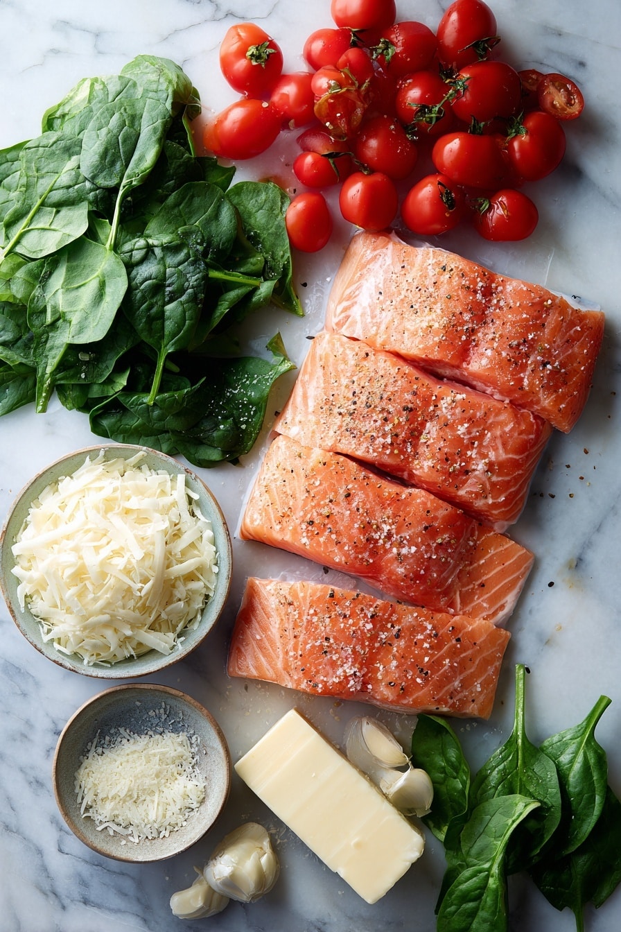 Flat lay of four fresh salmon fillets with a light sprinkle of salt and pepper, a handful of bright red whole and halved cherry tomatoes, several cloves of smashed and minced garlic, a generous pile of chopped fresh spinach, scattered fresh green basil leaves, a small mound of shredded Parmesan cheese, a pat of golden butter, and a small bowl of creamy heavy cream, all beautifully arranged on a white marble surface, photo taken with an iphone --ar 2:3 --v 7 - Creamy Tuscan Salmon, Tuscan Salmon with Cream Sauce, Easy Creamy Salmon Dinner, Healthy Salmon Recipes, Quick Salmon Pasta