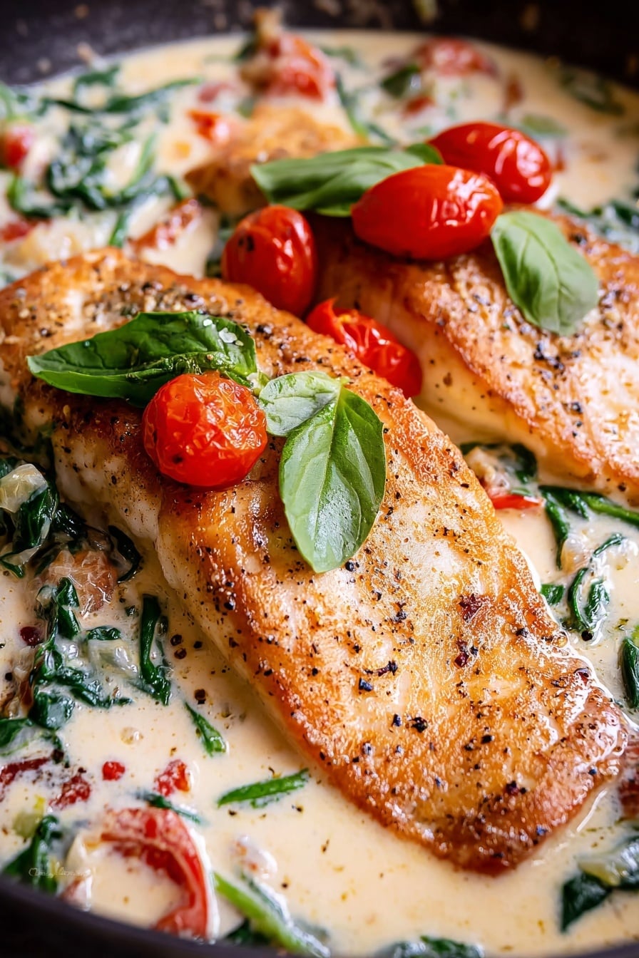 The image shows two golden-brown cooked fish fillets as the main layer, resting in a creamy white sauce mixed with chopped green spinach and cut red cherry tomatoes. The sauce has a smooth texture with small bits of herbs and spices scattered through it. A few whole cherry tomatoes and fresh green spinach leaves sit on top of the fish fillets, adding color contrast. The scene is close up and focuses on the fish's crisp, slightly black pepper-speckled surface and the creamy sauce pool around it on a white marbled texture. photo taken with an iphone --ar 2:3 --v 7 - Creamy Tuscan Salmon, Tuscan Salmon with Cream Sauce, Easy Creamy Salmon Dinner, Healthy Salmon Recipes, Quick Salmon Pasta