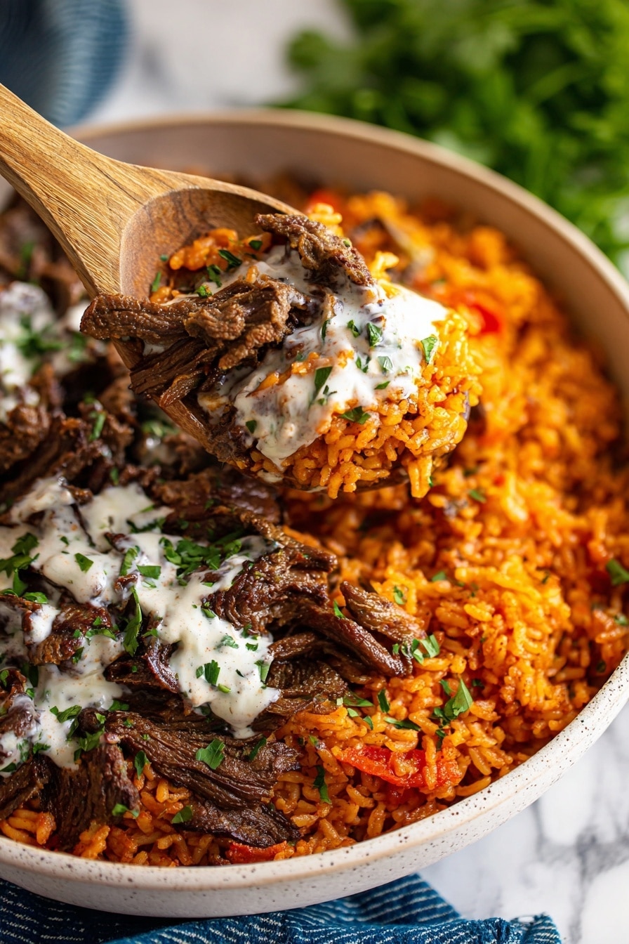 The image shows a close-up view of a white bowl filled with two main layers: the bottom layer is bright orange rice mixed with small pieces of red pepper, giving it a soft and slightly moist texture, while the top layer consists of dark brown cooked strips of meat that look tender and slightly crispy on edges. A creamy white sauce is drizzled unevenly on top, and small green herb bits are sprinkled over everything. A wooden spoon is scooping a portion from the bowl, showing a mix of both layers and sauce. The scene is set on a white marbled surface with a blurred green herb and a folded blue cloth nearby. photo taken with an iphone --ar 2:3 --v 7 - Steak & Queso Rice, steak and queso dinner, easy steak and rice recipe, flavorful beef rice bowl, quick cheesy beef dish