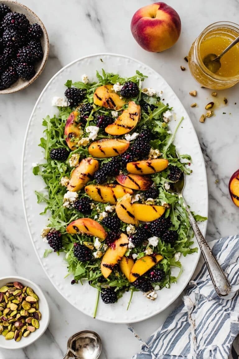 Grilled Peach Salad with Blackberries, Feta, and Pistachios Recipe