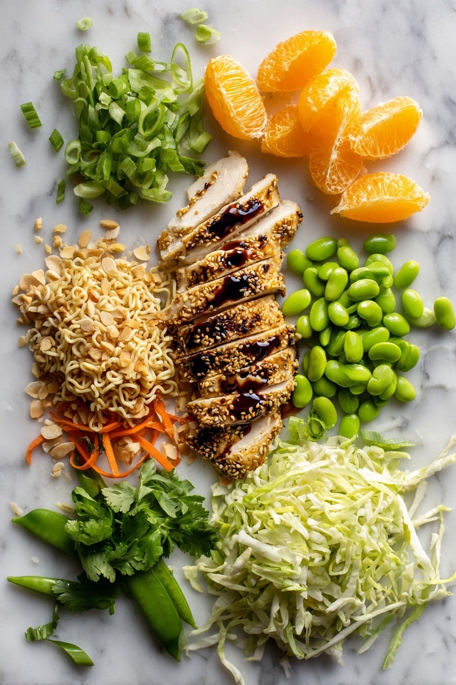 Flat lay of juicy cooked chicken breast strips marinated in soy and hoisin sauce, crunchy broken ramen noodles, toasted slivered almonds, scattered sesame seeds, vibrant shredded napa cabbage, bright grated carrot, fresh sugar snap peas, tender shelled edamame, thinly sliced green onions, fresh cilantro leaves, and glistening mandarin orange segments, all beautifully arranged in small clusters and layers on a white marble surface, photo taken with an iphone --ar 2:3 --v 7 - Chinese Chicken Salad, Chinese Chicken Salad recipe, healthy Chinese chicken salad, easy Chinese salad, crunchy chicken salad