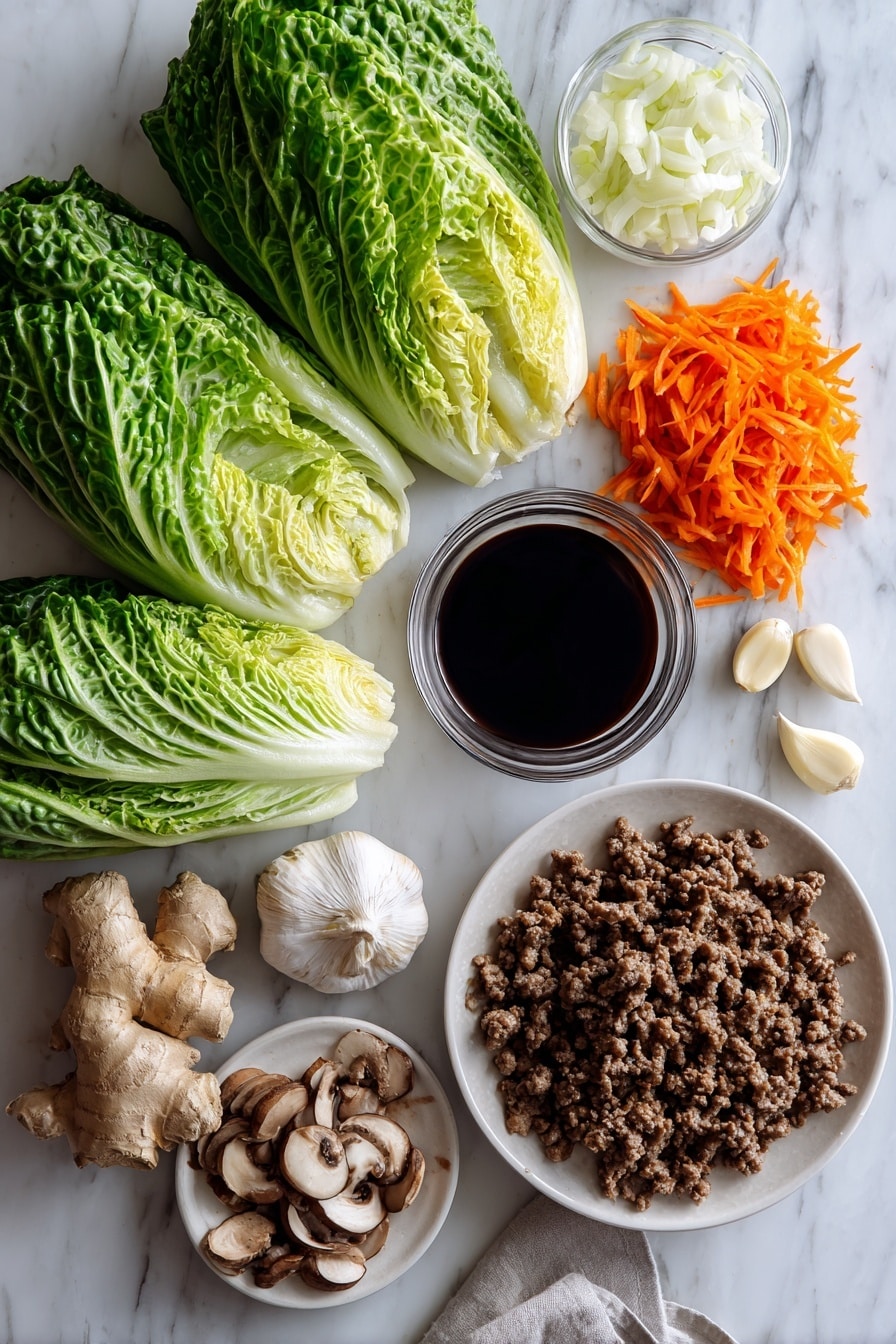 Cabbage Dumplings with Savory Meat and Vegetable Filling Recipe 6 Flat lay of fresh green cabbage leaves, cooked ground meat, finely chopped orange carrots, diced white onions, sliced brown mushrooms, small glass bowl of dark soy sauce, garlic cloves, fresh ginger root pieces, placed on a white marble surface, photo taken with an iphone --ar 2:3 --v 7 - Cabbage Dumplings with Savory Meat and Vegetable Filling, easy cabbage dumplings, healthy dumpling recipe, homemade meat and veggie dumplings, vegetarian cabbage dumplings