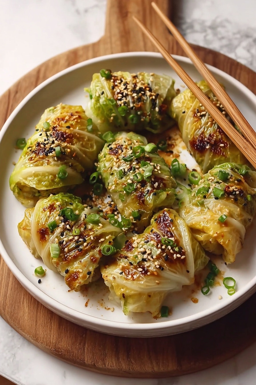Cabbage Dumplings with Savory Meat and Vegetable Filling Recipe 5 A white round plate filled with seven pieces of pan-fried cabbage rolls arranged in a loose cluster. Each roll has a light yellow and slightly charred green cabbage outer layer with brown grilled spots, giving them a crispy look. The rolls are sprinkled generously with small chopped green onions and a mix of white and black sesame seeds. Two light brown wooden chopsticks rest diagonally on the rim of the plate. The plate sits on a wooden board, with a white marbled surface underneath. photo taken with an iphone --ar 2:3 --v 7 - Cabbage Dumplings with Savory Meat and Vegetable Filling, easy cabbage dumplings, healthy dumpling recipe, homemade meat and veggie dumplings, vegetarian cabbage dumplings