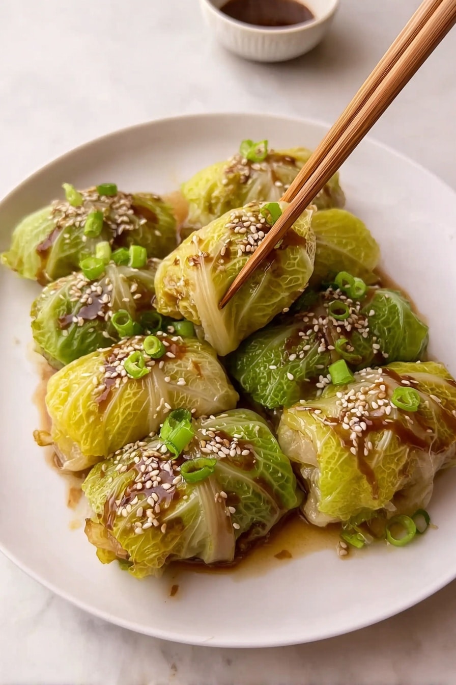 Cabbage Dumplings with Savory Meat and Vegetable Filling Recipe 7 A white plate holds five rolled cabbage leaf parcels, each wrapped in translucent light green and yellow leaves with a soft, slightly shiny texture. The parcels are placed close together in a loose circle near the center of the plate. They are topped with a drizzle of dark brown sauce, sprinkled with small white sesame seeds, and dotted with tiny bright green chopped scallions. A pair of light brown wooden chopsticks picks up one parcel from the bottom left of the plate. The background is a white marbled surface with part of a colorful bowl visible in the top right corner. Photo taken with an iphone --ar 2:3 --v 7 - Cabbage Dumplings with Savory Meat and Vegetable Filling, easy cabbage dumplings, healthy dumpling recipe, homemade meat and veggie dumplings, vegetarian cabbage dumplings