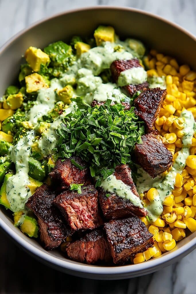 Steak Avocado Roasted Corn Bowl with Cilantro Cream Sauce Recipe