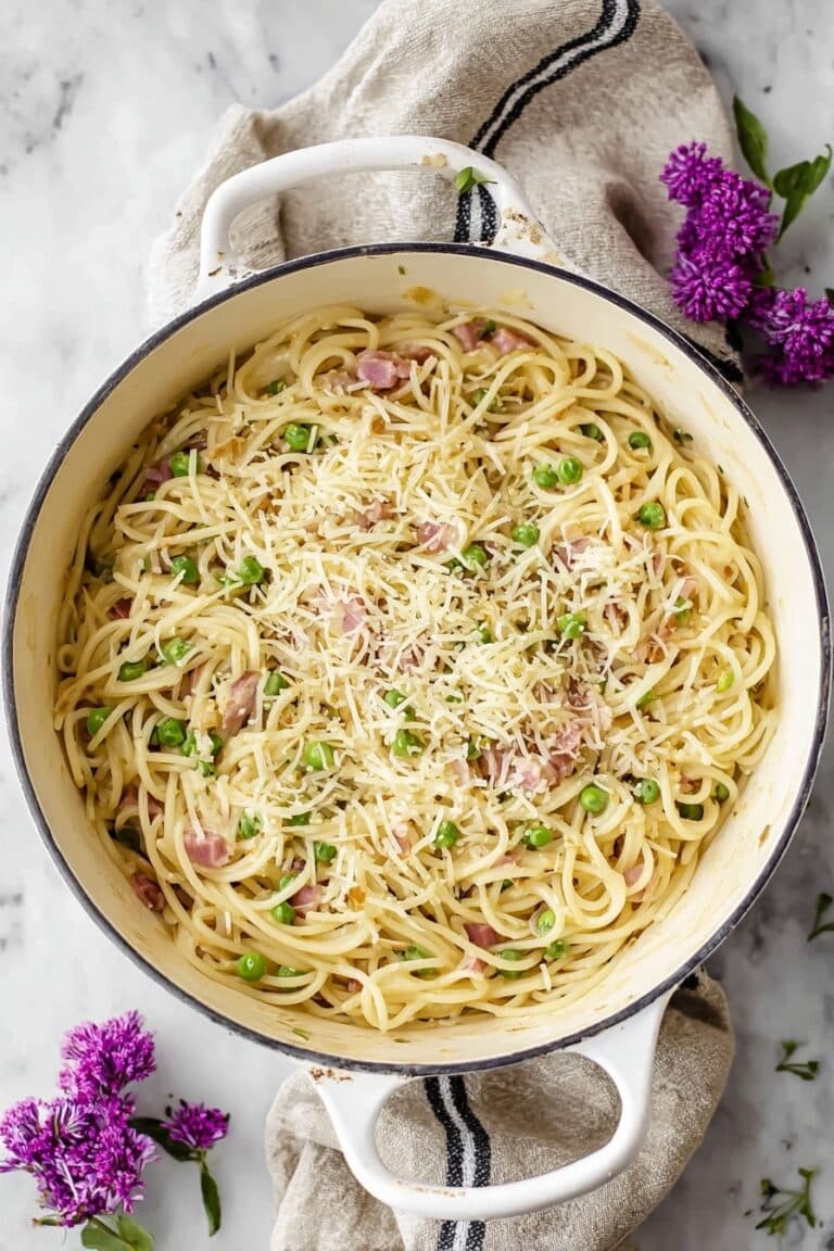 One Pot Spaghetti Carbonara with Turkey Bacon, Green Peas, and Parmesan Recipe