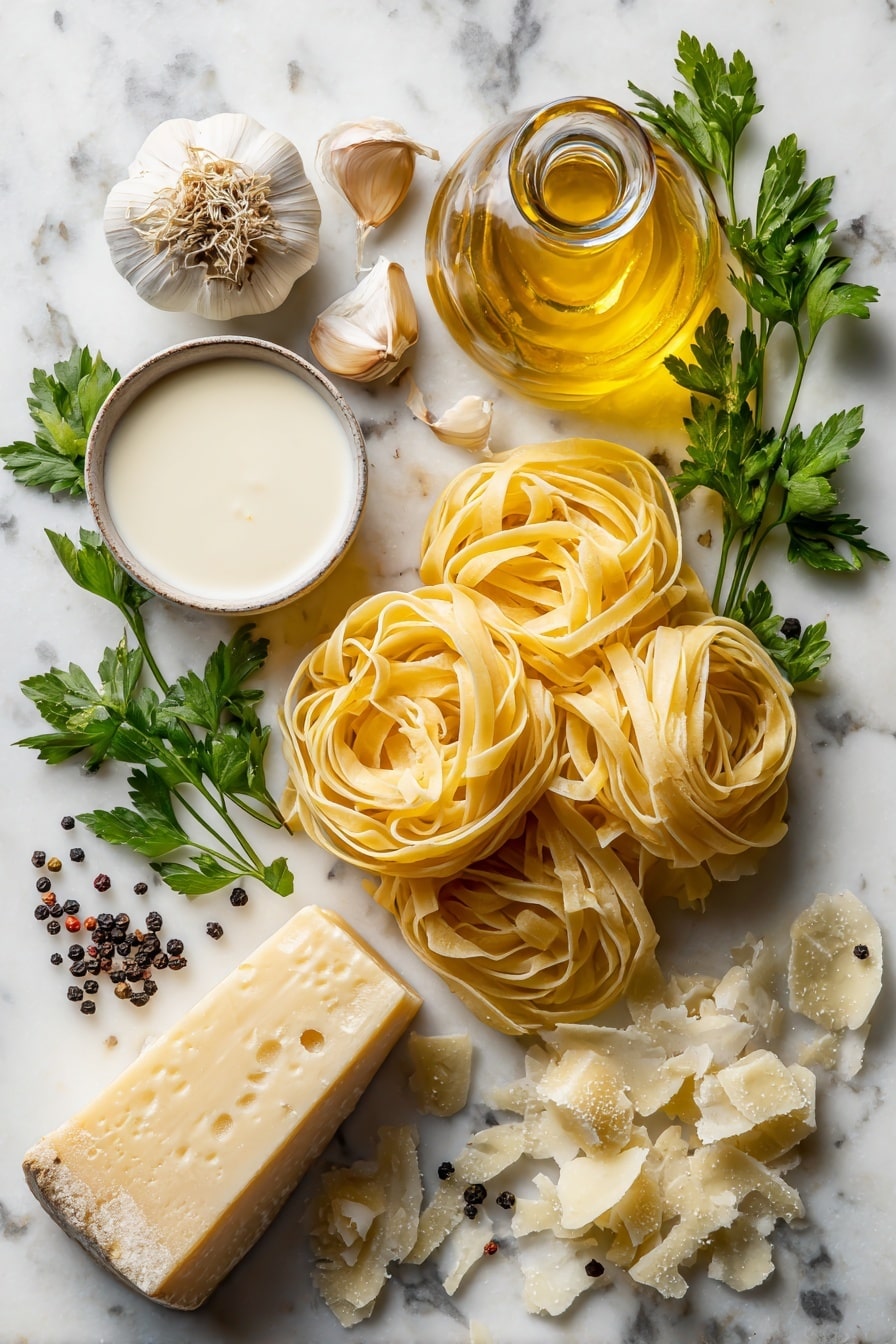 Flat lay of uncooked fettuccine pasta neatly coiled, whole garlic cloves with one peeled to show texture, a small bowl of heavy cream with a smooth surface, a wedge of Parmesan cheese with some cheese curls scattered, a few ripe black peppercorns, and a small bottle of golden extra virgin olive oil, all artfully arranged and balanced with some fresh sprigs of parsley for color, placed on a white marble surface, photo taken with an iphone --ar 2:3 --v 7 - One Pot Fettuccine Alfredo, easy creamy pasta, quick weeknight dinner, one pot pasta recipe, homemade Alfredo sauce