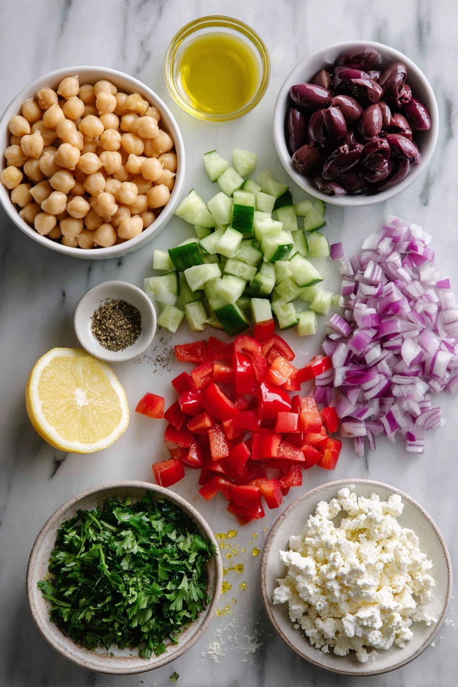 Mediterranean Chickpea Salad Recipe 6 Flat lay of plump chickpeas, diced cucumber with fresh green skin, vibrant red bell pepper cubes, finely chopped purple-red onion, glossy sliced kalamata olives, crumbly white feta cheese, and bright green chopped parsley leaves, alongside a fresh lemon cut in half and a small drizzle of golden olive oil, all beautifully arranged on a white marble surface, photo taken with an iphone --ar 2:3 --v 7 - Mediterranean Chickpea Salad, healthy chickpea salad, quick Mediterranean salad, vegetarian chickpea dish, fresh Mediterranean recipes