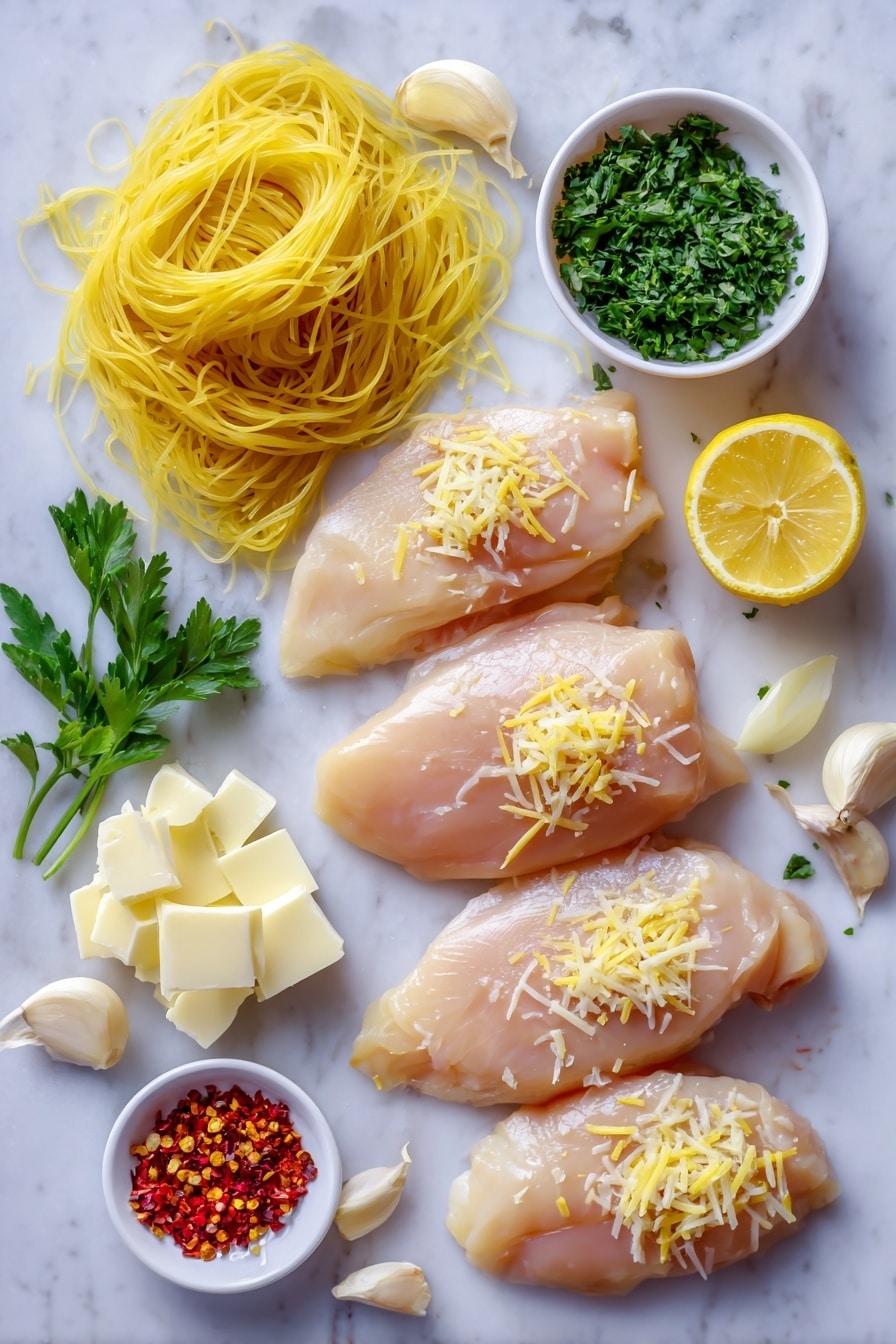 Creamy Lemon Chicken Pasta Recipe 6 Flat lay of boneless skinless chicken breasts pounded thin, thin spaghetti noodles, fresh garlic cloves, bright yellow lemon wedges and lemon zest, chopped green parsley, creamy white butter chunks, and grated Parmesan cheese, all beautifully arranged with a few red pepper flakes sprinkled lightly around, placed on a white marble surface, photo taken with an iphone --ar 2:3 --v 7 - Creamy Lemon Chicken Pasta, Lemon Chicken Pasta, Easy Lemon Chicken Dinner, Bright Creamy Pasta, Quick Chicken Pasta